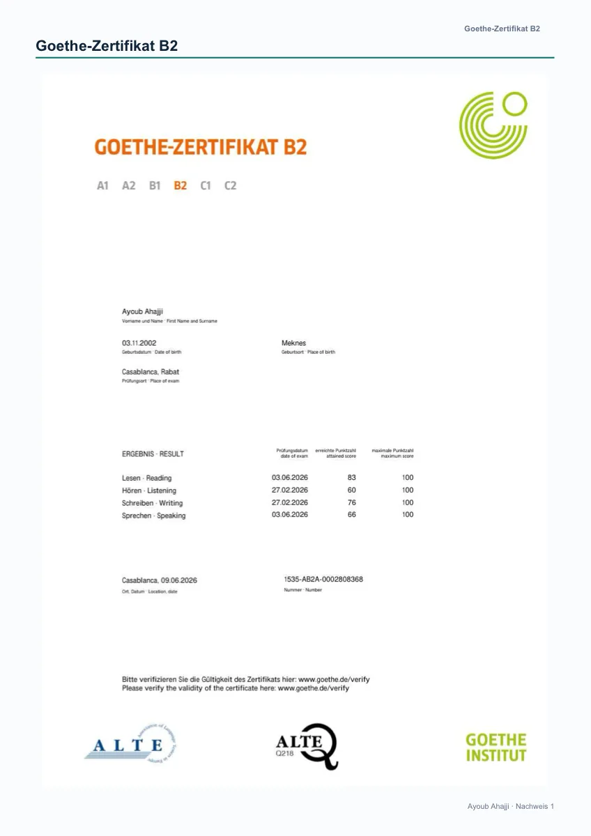 Original Goethe German B2 certificate