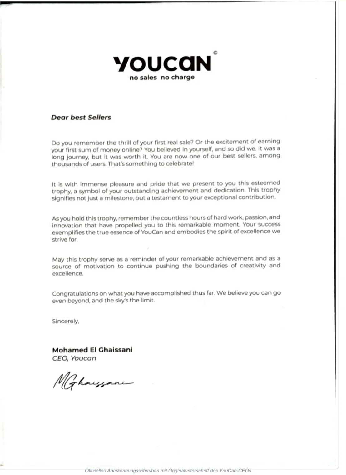 Original signed recognition letter from YouCan CEO
